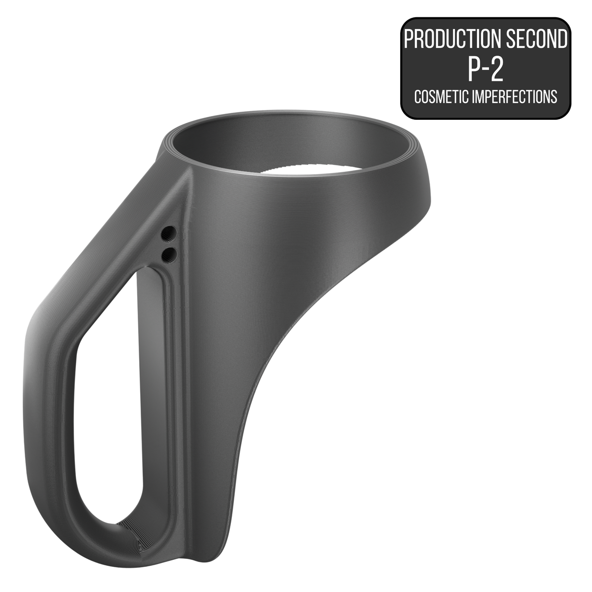 Black plastic component with cosmetic imperfections on a white background. Badge on top right designates items are factory seconds and may have cosmetic imperfections