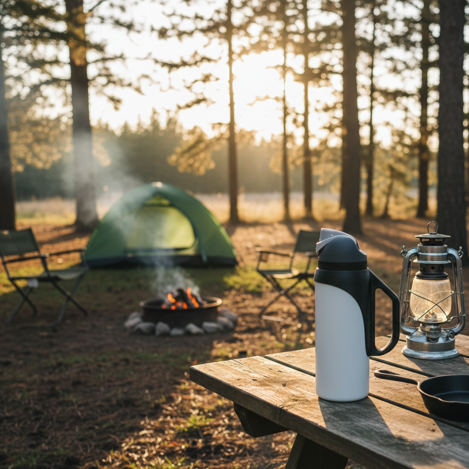 Camping scene with a campfire, green tent, and picnic table with an Owala Freesip bottle equipped with the Obscure3D handle on a camping table outdoors.